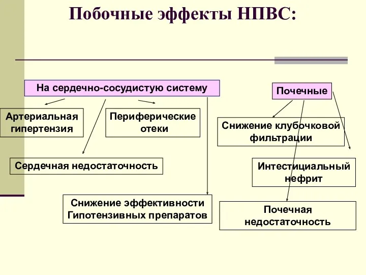 Побочные эффекты НПВС: На сердечно-сосудистую систему Артериальная гипертензия Периферические отеки