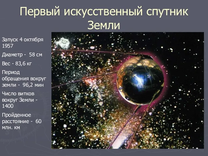 Первый искусственный спутник Земли Запуск 4 октября 1957 Диаметр -