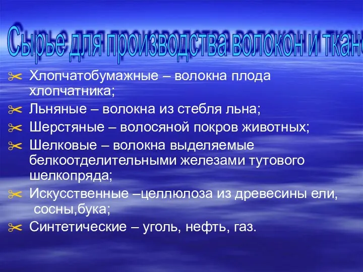 Хлопчатобумажные – волокна плода хлопчатника; Льняные – волокна из стебля