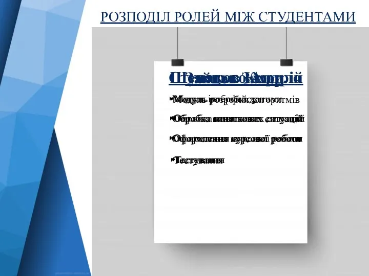 РОЗПОДІЛ РОЛЕЙ МІЖ СТУДЕНТАМИ Ступаков Кирило ‣Модуль розробки алгоритмів ‣Обробка