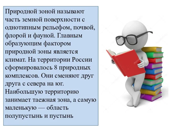 Природной зоной называют часть земной поверхности с однотипным рельефом, почвой,