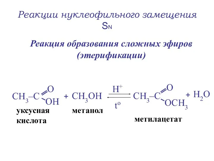 Реакции нуклеофильного замещения SN Реакция образования сложных эфиров (этерификации) +