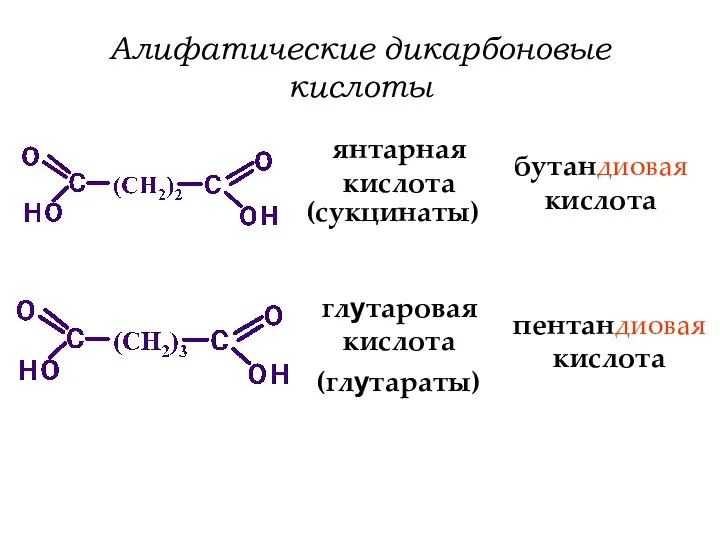 Алифатические дикарбоновые кислоты бутандиовая кислота (сукцинаты) янтарная кислота пентандиовая кислота (глутараты) глутаровая кислота