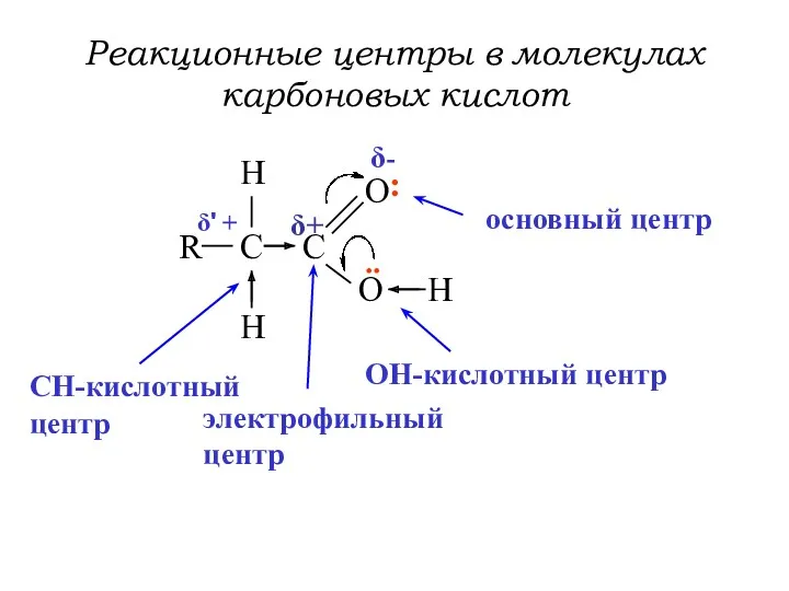 Реакционные центры в молекулах карбоновых кислот R C C O