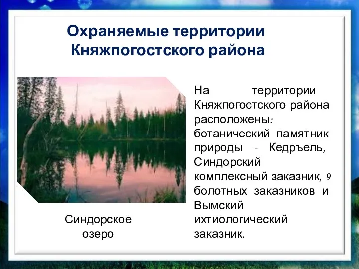 Охраняемые территории Княжпогостского района Синдорское озеро На территории Княжпогостского района