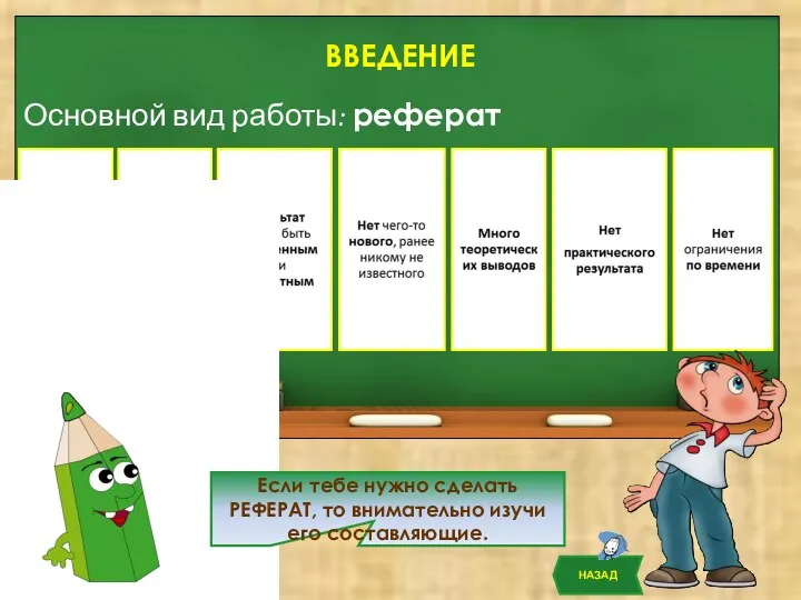 ВВЕДЕНИЕ Основной вид работы: реферат НАЗАД Если тебе нужно сделать РЕФЕРАТ, то внимательно изучи его составляющие.