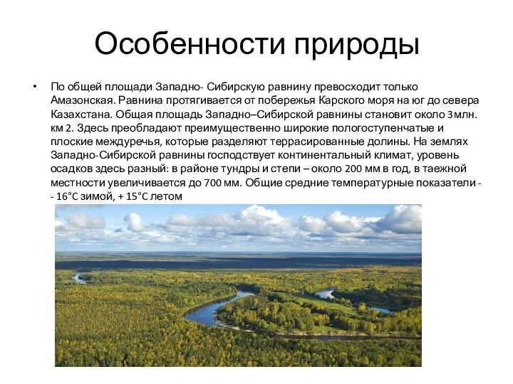 Особенности природы По общей площади Западно- Сибирскую равнину превосходит только