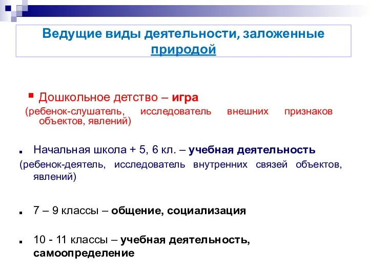 Ведущие виды деятельности, заложенные природой Дошкольное детство – игра (ребенок-слушатель,