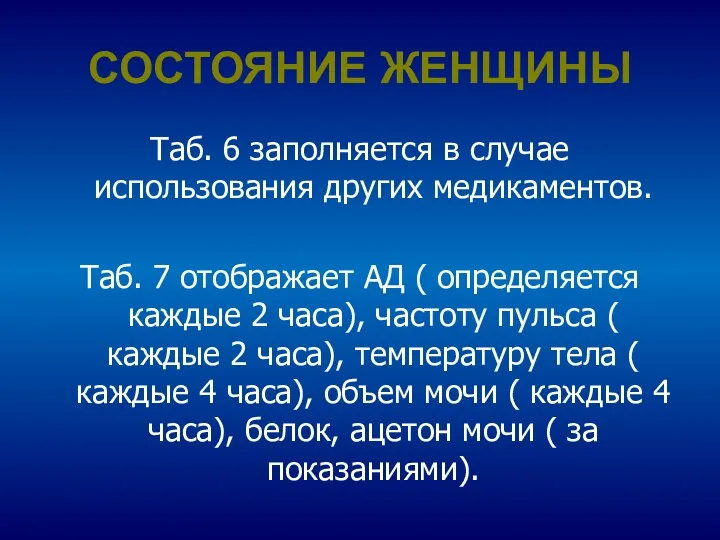 СОСТОЯНИЕ ЖЕНЩИНЫ Таб. 6 заполняется в случае использования других медикаментов.