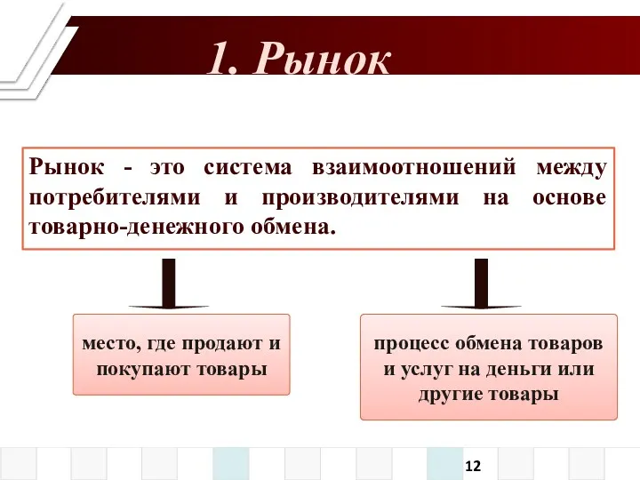 1. Рынок Рынок - это система взаимоотношений между потребителями и