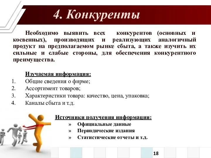 4. Конкуренты Необходимо выявить всех конкурентов (основных и косвенных), производящих