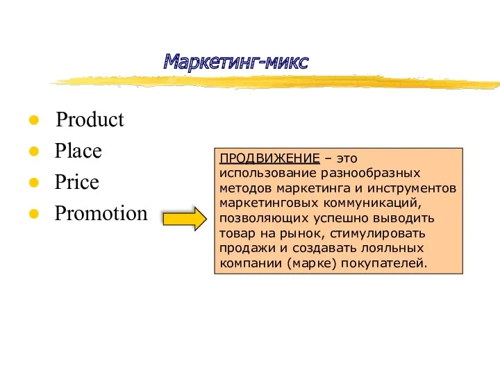 Маркетинг-микс Product Place Price Promotion ПРОДВИЖЕНИЕ – это использование разнообразных