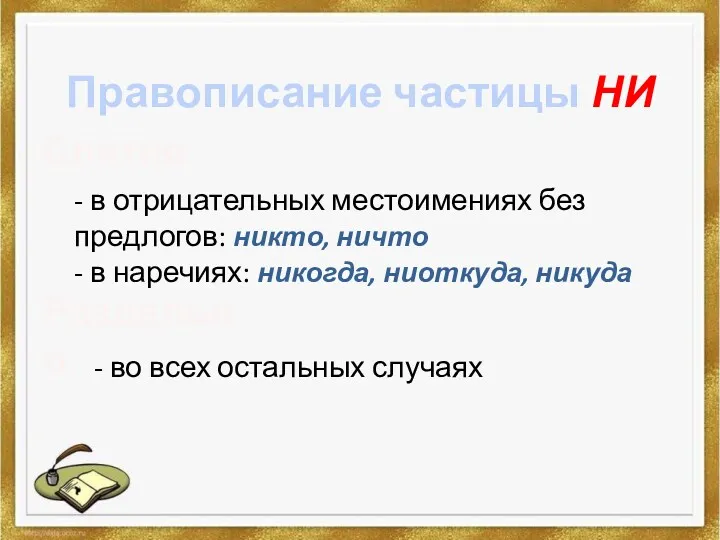 Правописание частицы НИ Слитно: - в отрицательных местоимениях без предлогов: