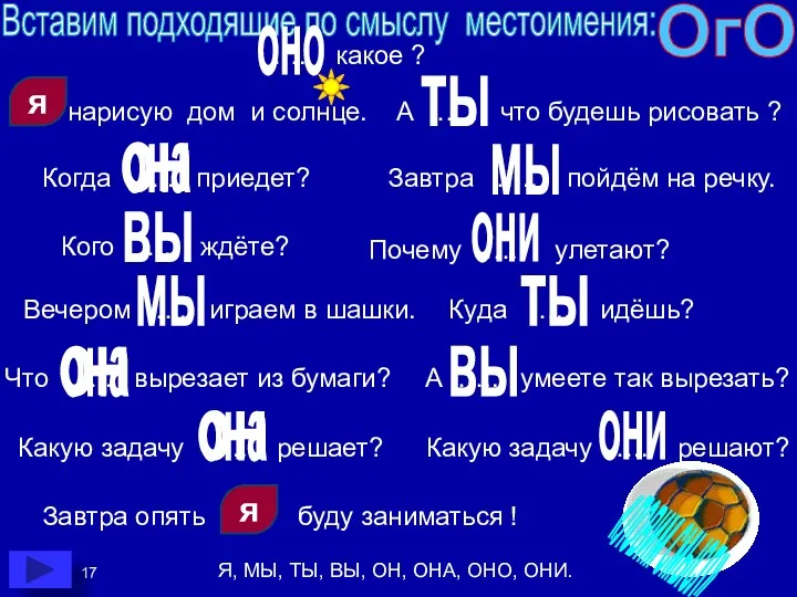 Вставим подходящие по смыслу местоимения: ….. нарисую дом и солнце.