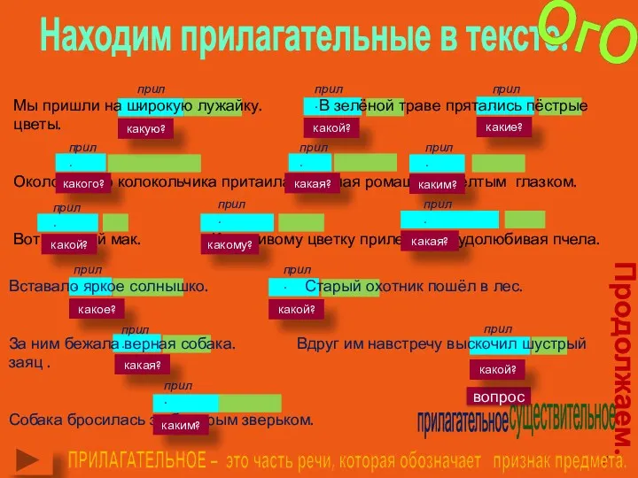 Находим прилагательные в тексте. Мы пришли на широкую лужайку. В