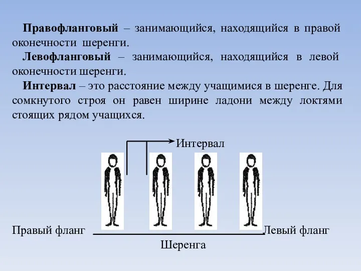 Правофланговый – занимающийся, находящийся в правой оконечности шеренги. Левофланговый –