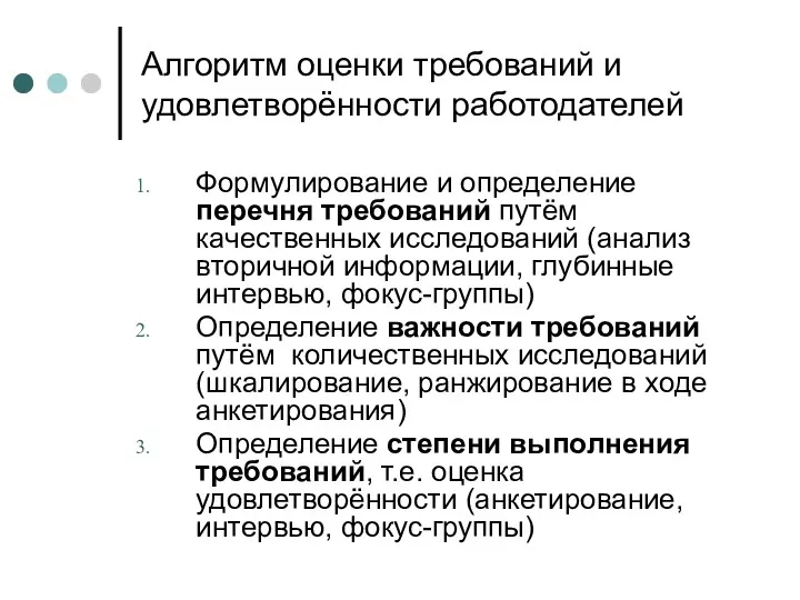 Алгоритм оценки требований и удовлетворённости работодателей Формулирование и определение перечня