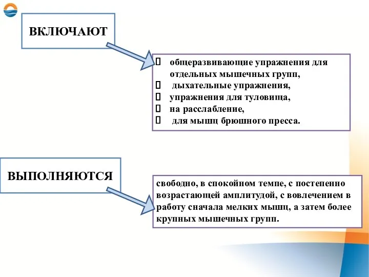 общеразвивающие упражнения для отдельных мышечных групп, дыхательные упражнения, упражнения для