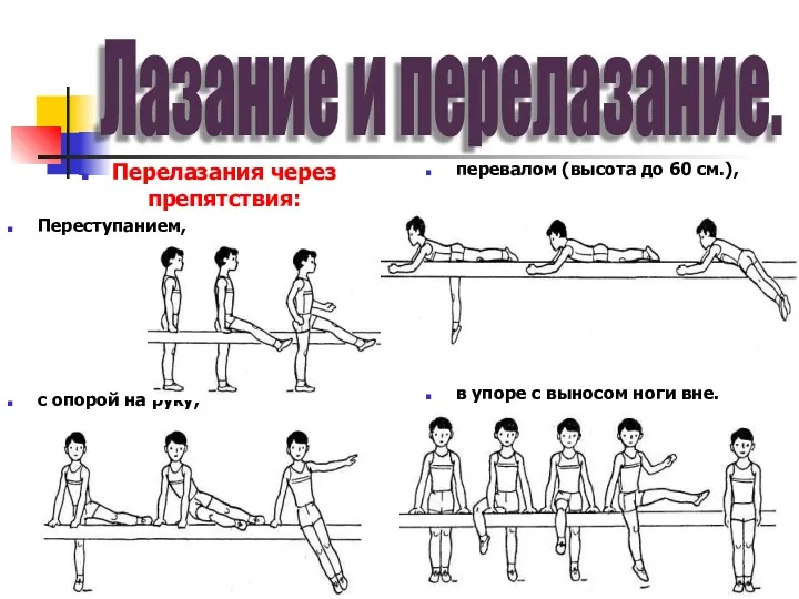 Лазание и перелазание. Перелазания через препятствия: Переступанием, с опорой на