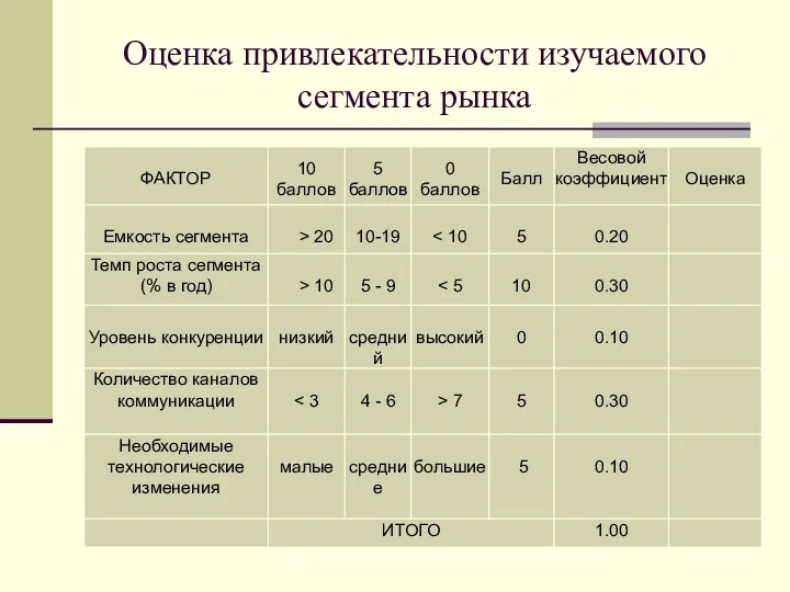 Оценка привлекательности изучаемого сегмента рынка