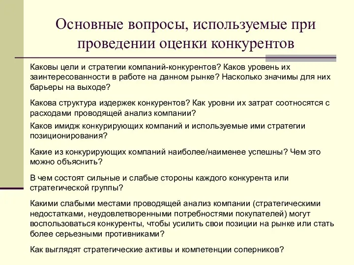 Основные вопросы, используемые при проведении оценки конкурентов Каковы цели и