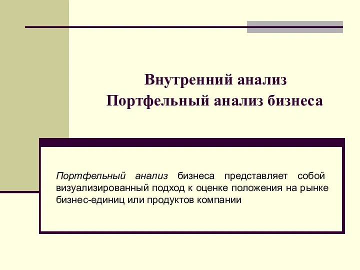 Внутренний анализ Портфельный анализ бизнеса Портфельный анализ бизнеса представляет собой