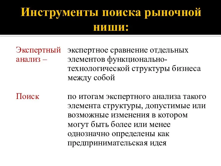 Инструменты поиска рыночной ниши: Экспертный анализ – Поиск экспертное сравнение