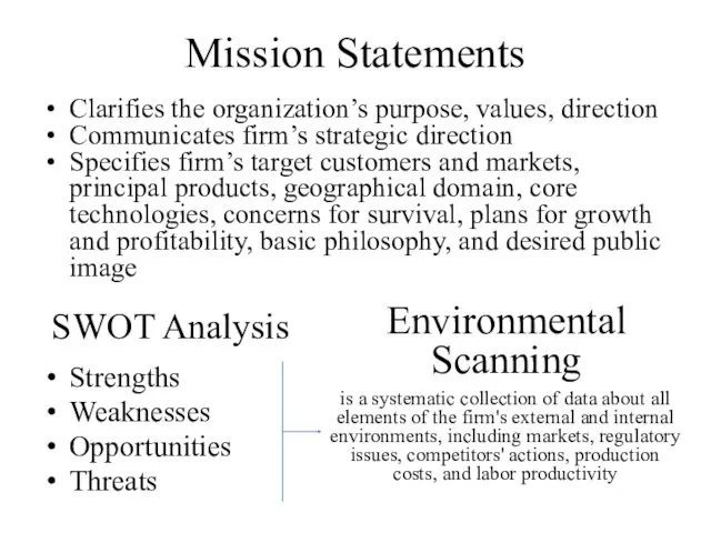 Mission Statements Clarifies the organization’s purpose, values, direction Communicates firm’s