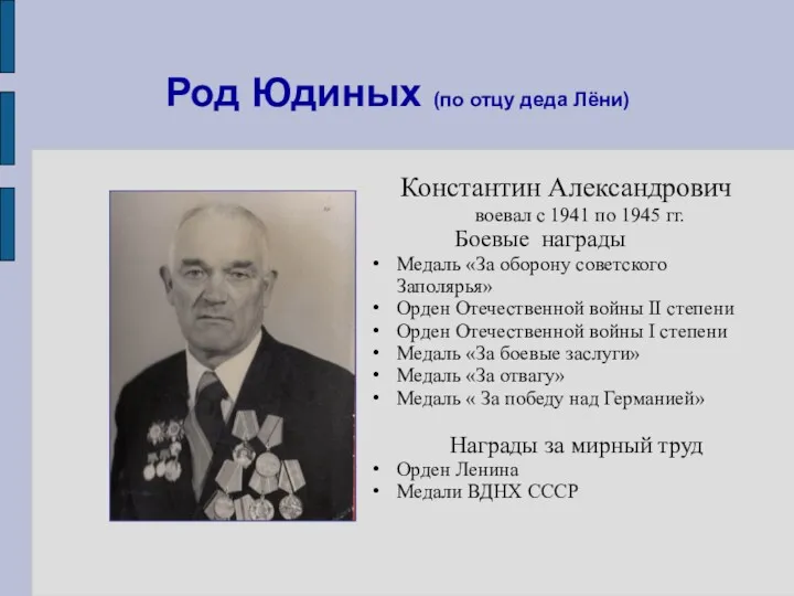 Род Юдиных (по отцу деда Лёни) Константин Александрович воевал с