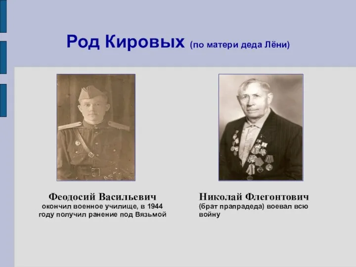 Род Кировых (по матери деда Лёни) Феодосий Васильевич окончил военное