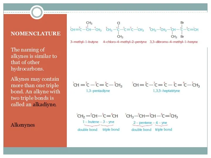 NOMENCLATURE The naming of alkynes is similar to that of other hydrocarbons. Alkynes