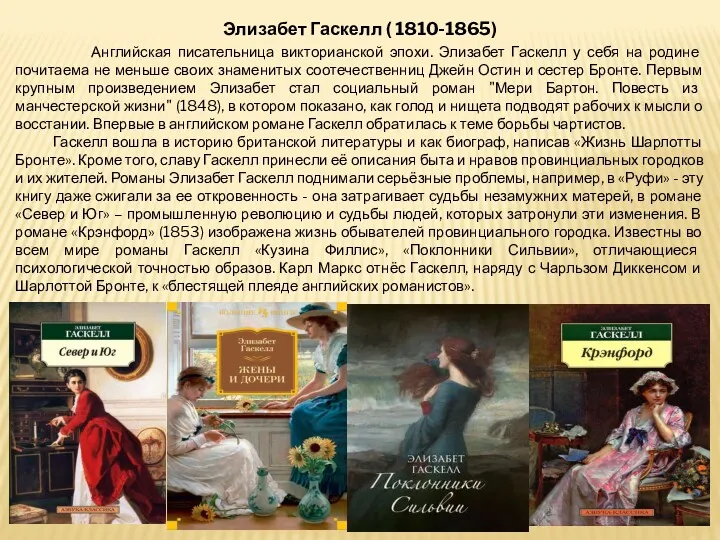 Элизабет Гаскелл ( 1810-1865) Английская писательница викторианской эпохи. Элизабет Гаскелл у себя на