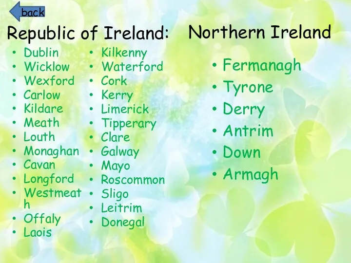 Republic of Ireland: Dublin Wicklow Wexford Carlow Kildare Meath Louth