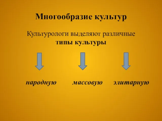 Многообразие культур Культурологи выделяют различные типы культуры народную массовую элитарную