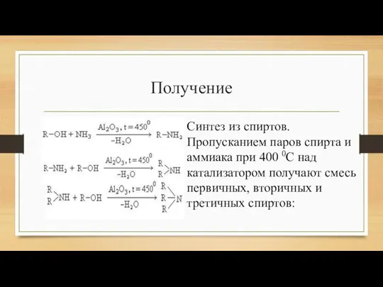 Получение Синтез из спиртов. Пропусканием паров спирта и аммиака при