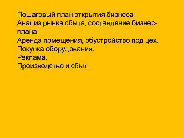 Пошаговый план открытия бизнеса Анализ рынка сбыта, составление бизнес-плана. Аренда