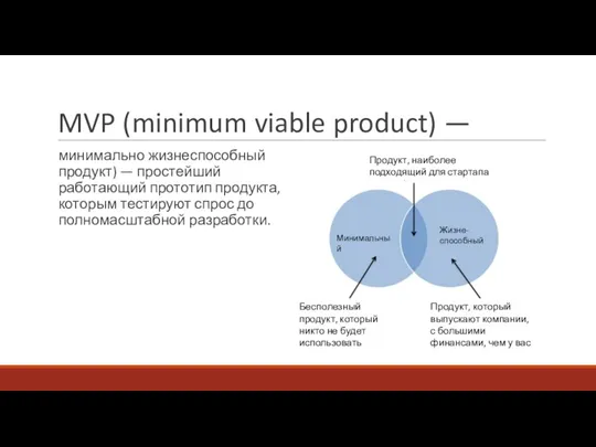 MVP (minimum viable product) — минимально жизнеспособный продукт) — простейший