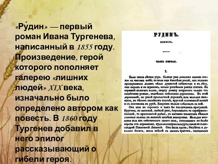 «Ру́дин» — первый роман Ивана Тургенева, написанный в 1855 году.