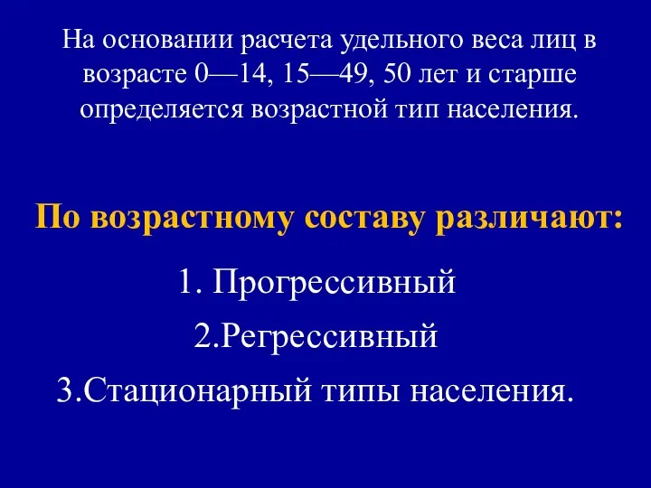 На основании расчета удельного веса лиц в возрасте 0—14, 15—49,