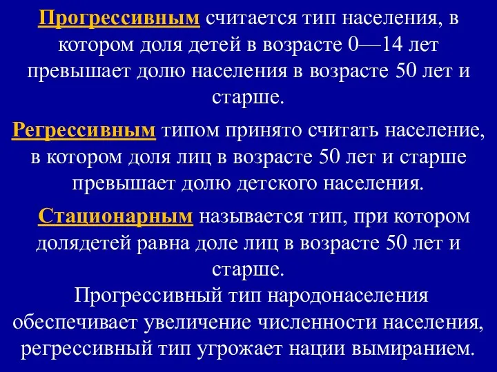 Прогрессивным считается тип населения, в котором доля детей в возрасте