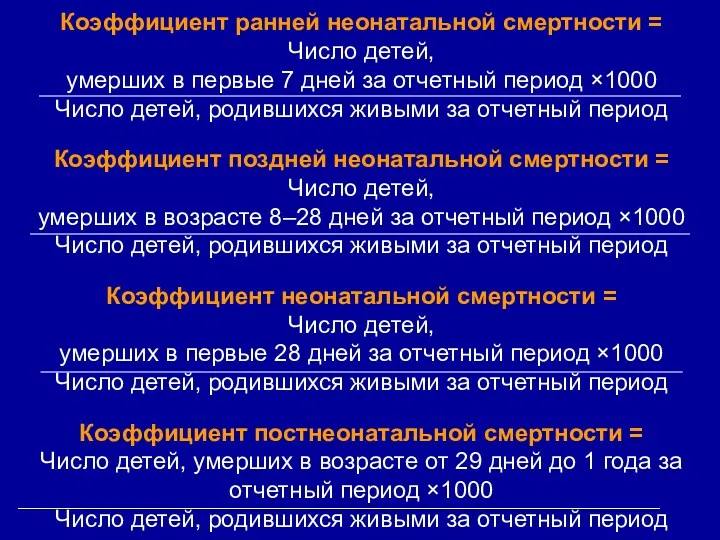 Коэффициент ранней неонатальной смертности = Число детей, умерших в первые