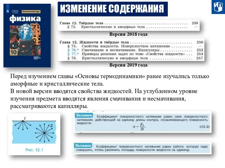 ИЗМЕНЕНИЕ СОДЕРЖАНИЯ Версия 2018 года Версия 2019 года Перед изучением главы «Основы термодинамики»