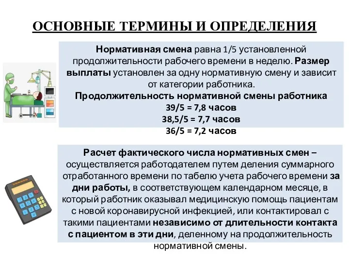 ОСНОВНЫЕ ТЕРМИНЫ И ОПРЕДЕЛЕНИЯ Нормативная смена равна 1/5 установленной продолжительности