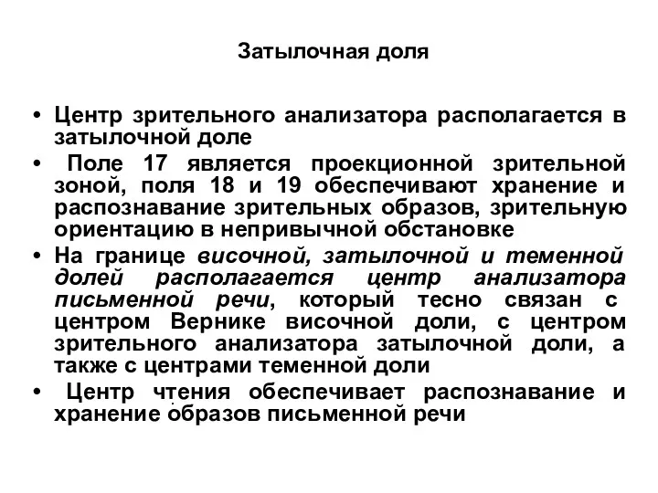 Затылочная доля . Центр зрительного анализатора располагается в затылочной доле