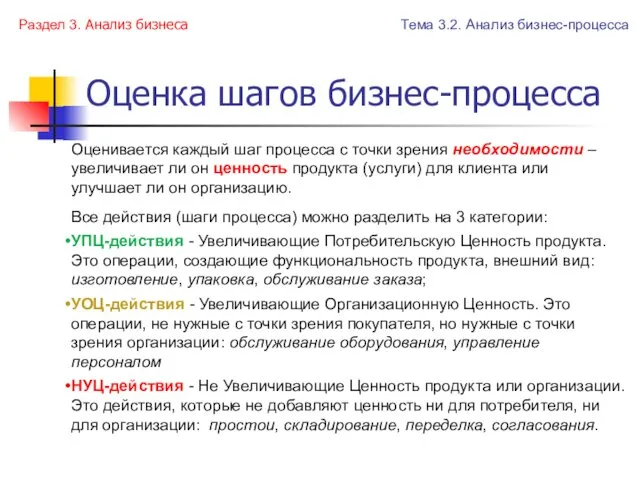 Оценка шагов бизнес-процесса Оценивается каждый шаг процесса с точки зрения