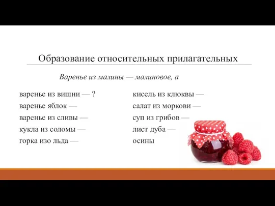 Образование относительных прилагательных Варенье из малины — малиновое, а