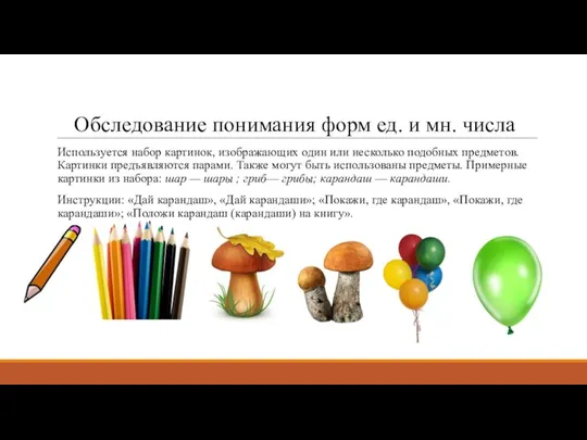 Обследование понимания форм ед. и мн. числа Используется набор картинок,