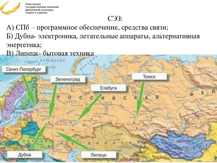 СЭЗ: А) СПб – программное обеспечение, средства связи; Б) Дубна-