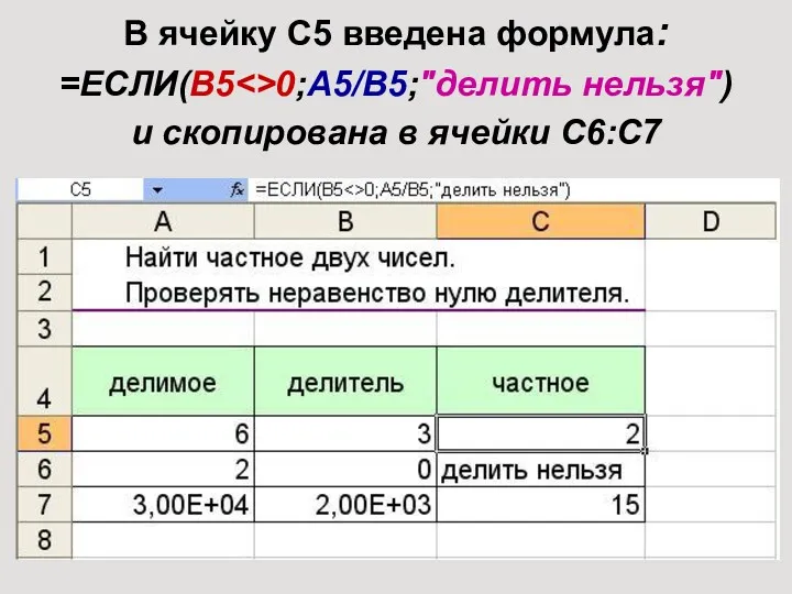 В ячейку C5 введена формула: =ЕСЛИ(B5 0;A5/B5;"делить нельзя") и скопирована в ячейки C6:C7