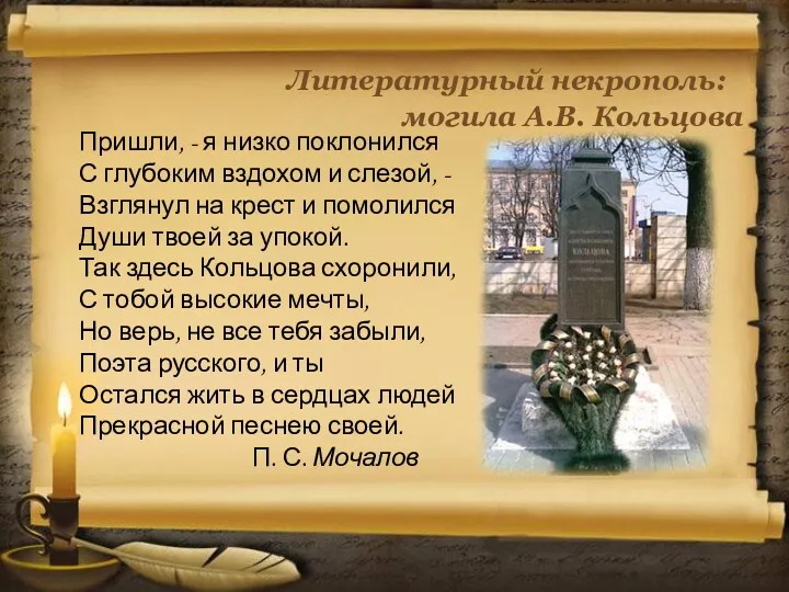 Литературный некрополь: могила А.В. Кольцова Пришли, - я низко поклонился